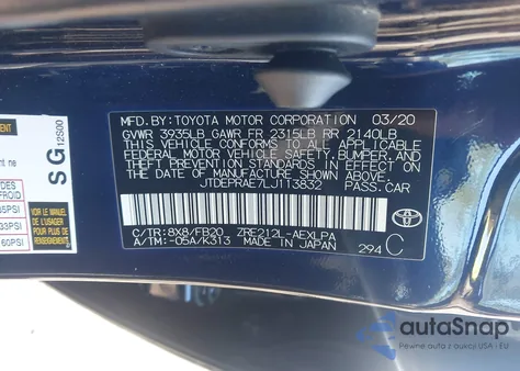 2020 Toyota Corolla Le из США, поврежденный, VIN JTDEPRAE7LJ113832